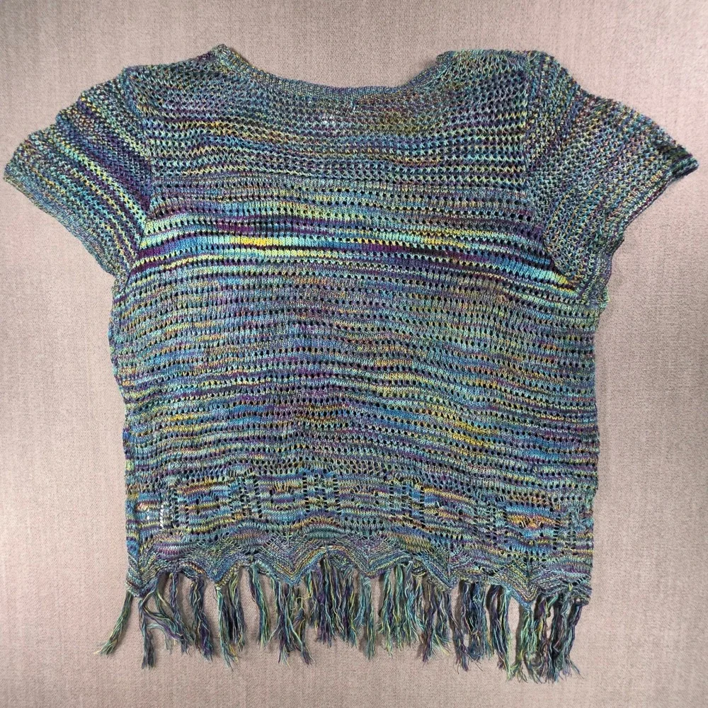 John Paul Richard Knit Top Womens XL Blue Space Dye Fringe Boho Short Sleeve